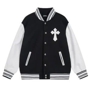 Collegejacke mit Friedhofs-Kreuz-Logo und Chromherzen