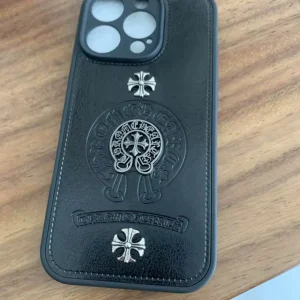 Leather phone case with chrome heart cross